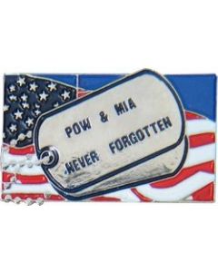 14093 - POW/MIA Never Forgotten Dog Tag on United States Flag Pin