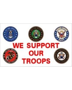 PCF44 - We Support Our Troops with Branches of Service 1 Sided Screen Printed Flag3' x 5